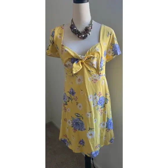 Forever 21 Yellow Purple Floral Soft Cotton A-Line Short Sleeve MIDI Dress 2X - Picture 1 of 10